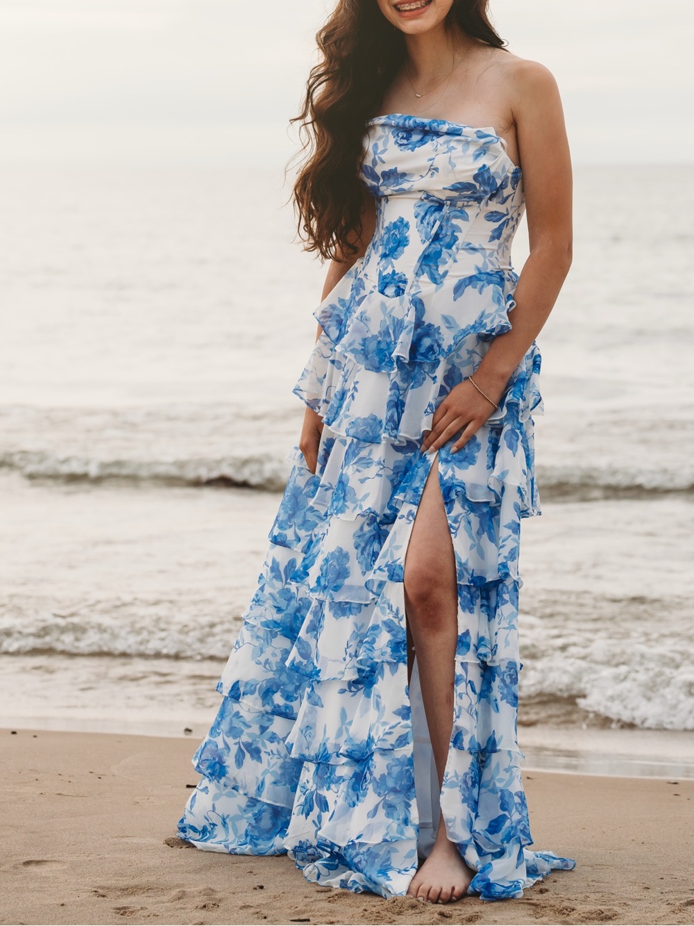 Windsor White Strapless Maxi Dress with Blue Floral Print - like new